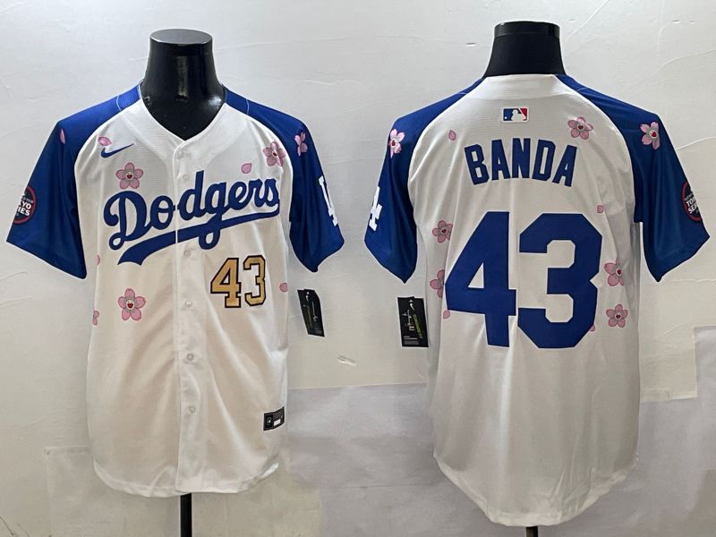 Men Los Angeles Dodgers 43 Banda White Blue Sakura Edition 2025 Nike MLB Jersey style 3